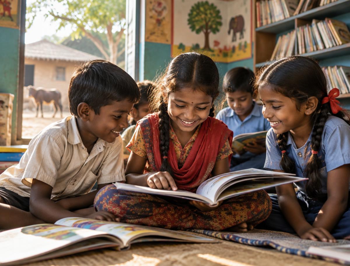 Children learning together in a village classroom