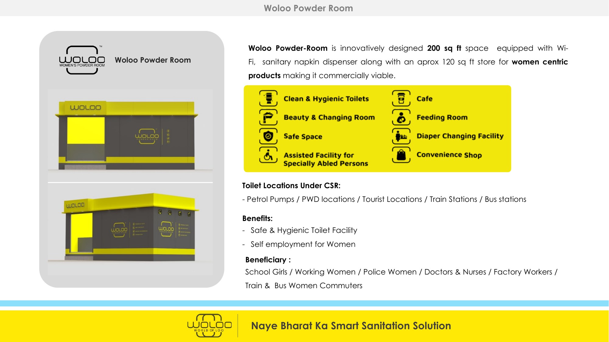 Design renders and feature list for the Woloo Powder Room unit