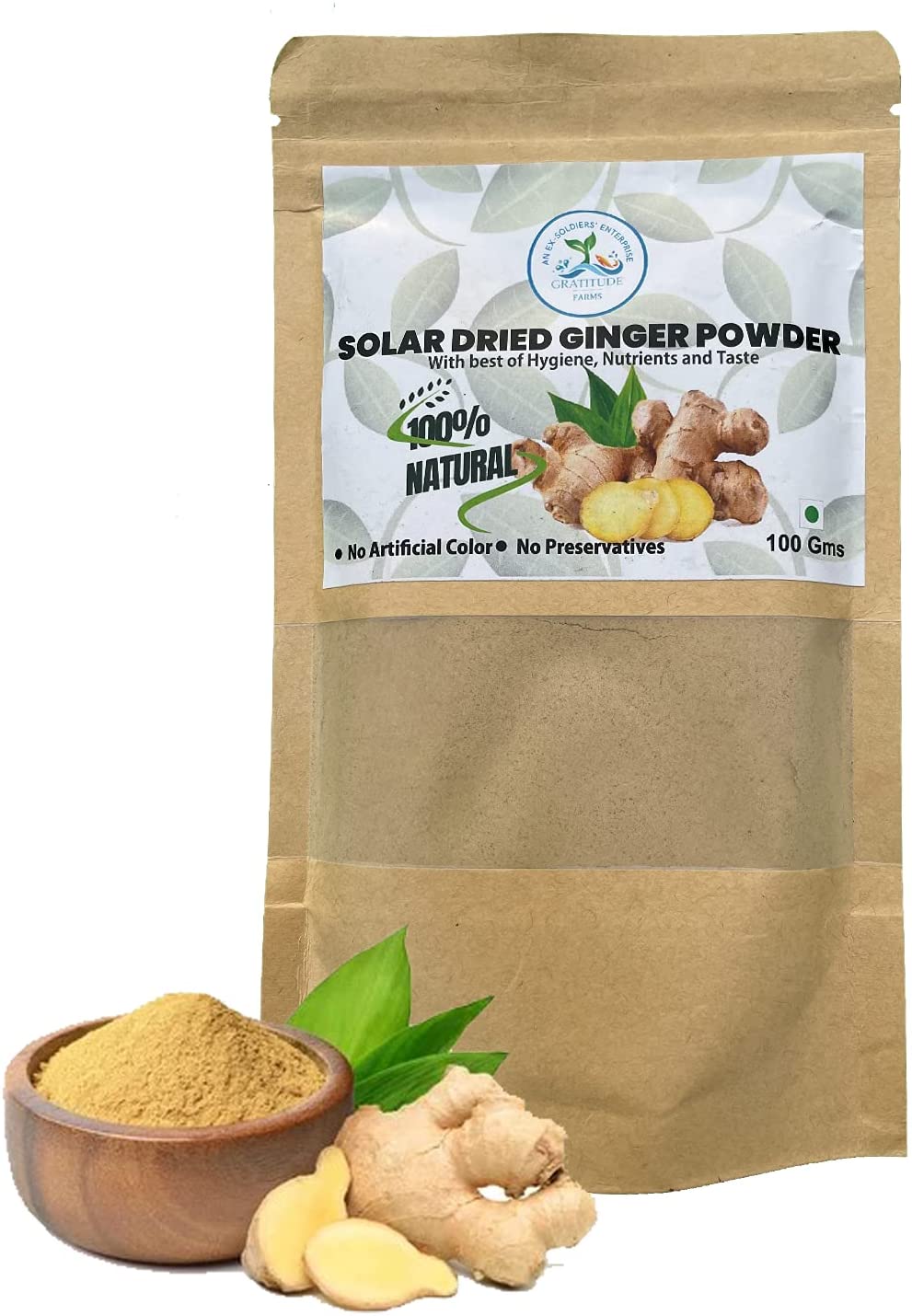 A packet of Gratitude Farms solar-dried ginger powder