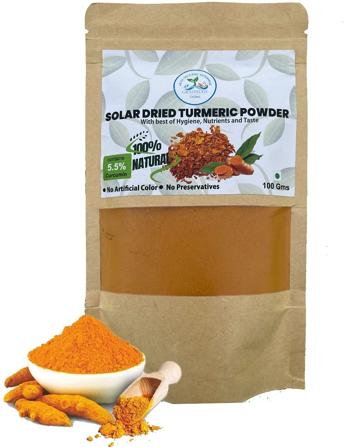 A packet of Gratitude Farms solar-dried turmeric powder